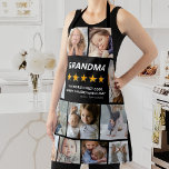 Oma Review Foto Collage Schürze<br><div class="desc">Erstellen Sie Ihre eigene Oma-Schürze mit 11 Fotos, die Sie ersetzen können, dem Titel "GRANDMA", mit 5 von 5 Goldstars, einer exzellenten Rezension, die "der weltbeste Koch, immer Saisons mit Liebe" und den Kindernamen lautet. Der Titel kann in Großvater, Mutter, Vater oder andere Verwandte geändert werden.</div>