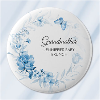 Oma Softblaue Blumen Baby Shower/Brunch Button