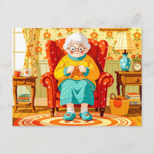 Oma strickt im Sessel – Illustration Feiertagspostkarte