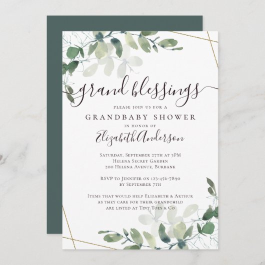 Oma to Be Eucalyptus Gold Glitzer Baby Showroom Einladung (Vorne/Hinten)