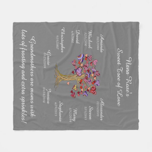 Oma Tree Hearts White on Gray 10 Names & Dates Fleecedecke (Vorderseite (Horizontal))