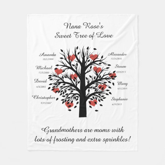 Oma Tree (Herz), Schwarz/Weiß 8 Namen & Daten Fleecedecke (Vorderseite)