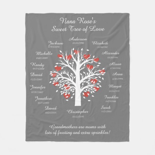 Oma Tree (Herz), weiß/grau, 16 Namen/Daten Fleecedecke (Vorderseite)