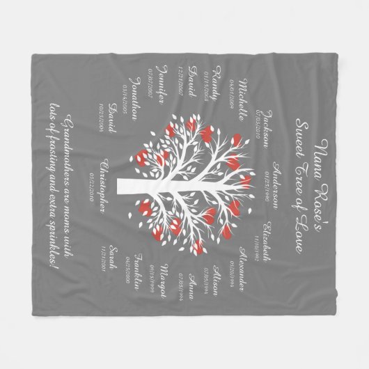 Oma Tree (Herz), weiß/grau, 16 Namen/Daten Fleecedecke (Vorderseite (Horizontal))