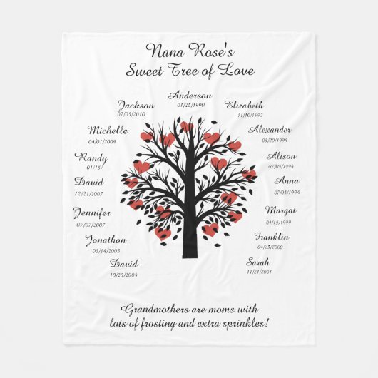 Oma Tree (Herzen), Schwarz/Weiß, 15 Namen/Daten Fleecedecke (Vorderseite)