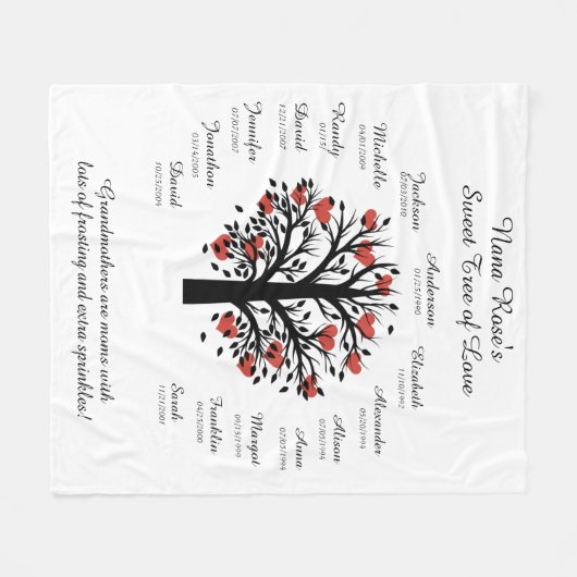 Oma Tree (Herzen), Schwarz/Weiß, 15 Namen/Daten Fleecedecke (Vorderseite (Horizontal))