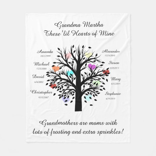 Oma Tree (Herzen), Schwarz/Weiß 8 Namen und Daten Fleecedecke (Vorderseite)