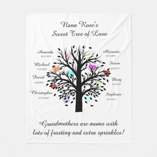 Oma Tree (Herzen), Schwarz/Weiß 8 Namen und Daten Fleecedecke (Vorderseite)