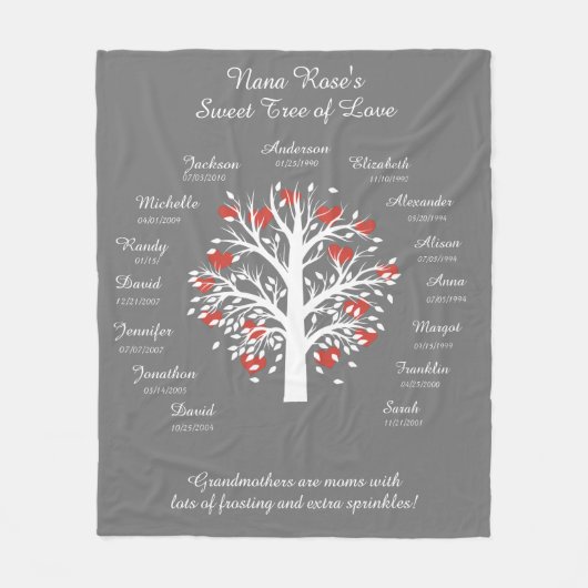 Oma Tree (Herzen), weiß/grau, 15 Namen/Daten Fleecedecke (Vorderseite)