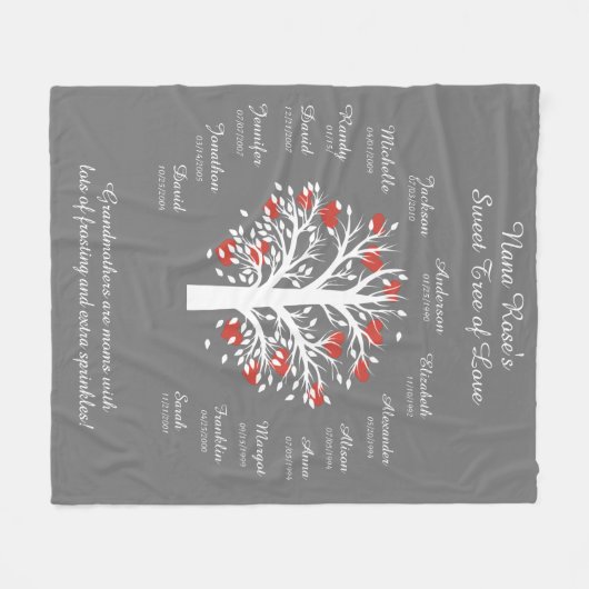 Oma Tree (Herzen), weiß/grau, 15 Namen/Daten Fleecedecke (Vorderseite (Horizontal))