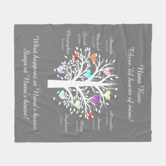 Oma Tree (Herzen), White/Gray 8 Namen & Daten Fleecedecke (Vorderseite (Horizontal))