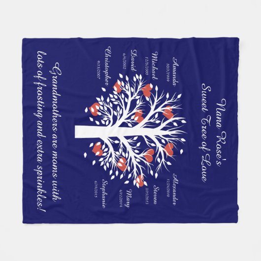 Oma Tree (Herzen), White/Navy 8 Names & Dates Fleecedecke (Vorderseite (Horizontal))