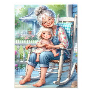 Oma und Enkelin umarmen sich auf der Veranda Fotodruck
