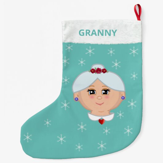 Oma und Schneeflocken Aquamarin Großer Weihnachtsstrumpf (Rückseite)