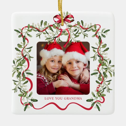 Oma Wavy Rahmen Bow Greenery Foto Weihnachten Keramikornament (Vorderseite)