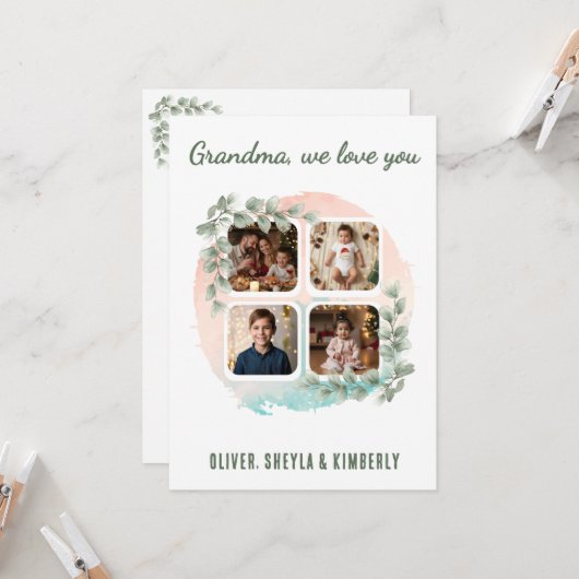Oma wir lieben dich 6 Foto-Collage Eukalyptus Karte (Vorderseite/Rückseite Beispiel)
