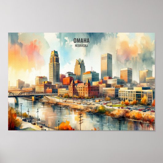 Omaha Nebraska Berühmte Sehenswürdigkeiten Aquarel Poster (Vorne)