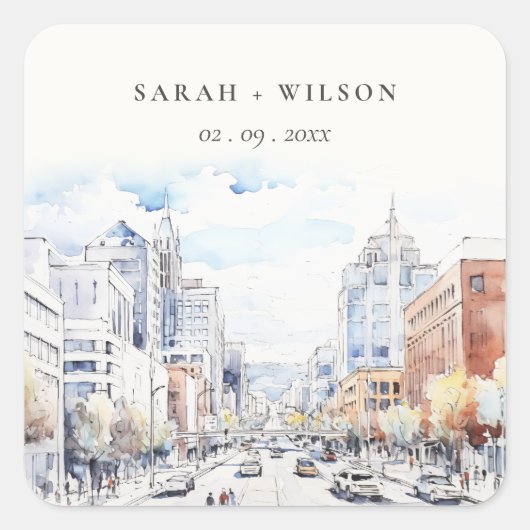 Omaha Nebraska Watercolor Landscape Wedding Quadratischer Aufkleber (Vorderseite)