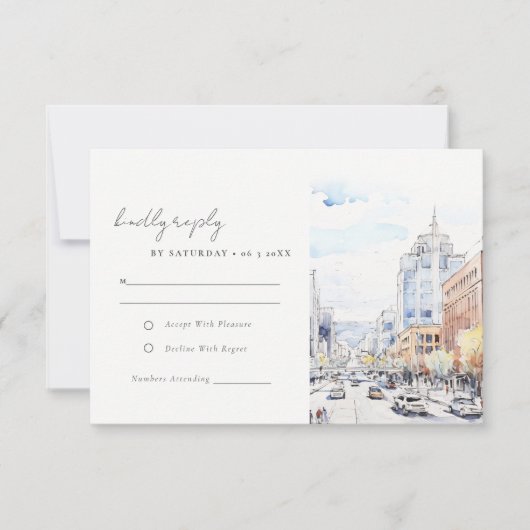 Omaha Nebraska Watercolor Landscape Wedding RSVP Karte (Vorderseite)