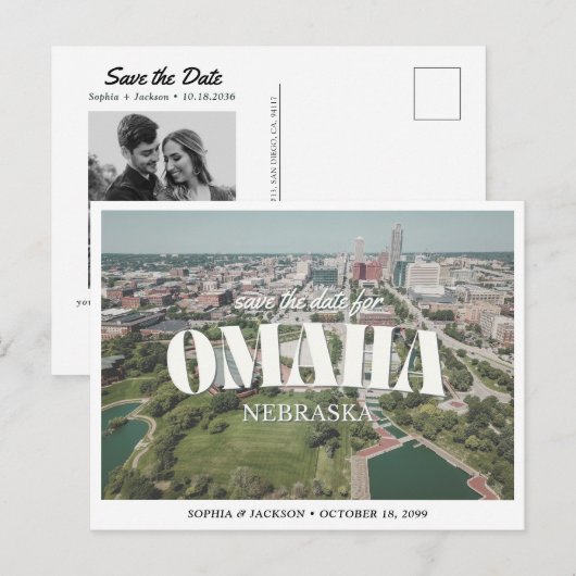 Omaha Wedding Save the Date Retro Skyline Postkarte (Vorne/Hinten)