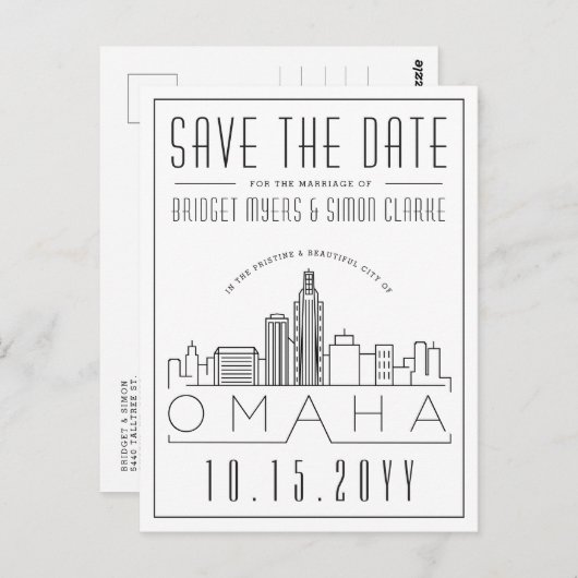 Omaha Wedding | Stilisierte Skyline Save the Date Postkarte (Vorne/Hinten)