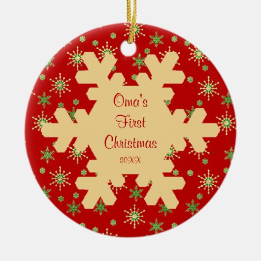 Omas erstes Weihnachtsrote Schneeflocke-Verzierung Keramik Ornament (Vorne)