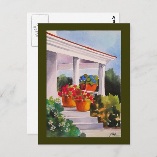 Oma's Front Porch mit Blume Pots Postkarte (Vorne/Hinten)