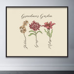 Oma's Garden Blume 3 Grandkids Name Floral Poster<br><div class="desc">Diese Oma's Garden Blume und Grandkids Name Custom Design ist eine reizvolle Mischung aus Vintagem Charme und personalisierter Wärme. Es ist die perfekte Ergänzung zu den Oasen jeder Großmutter, die die Schönheit eines botanischen Gartens direkt in ihre Zuhause bringt. Dieses Produkt mit einer atemberaubenden Vintagen Blume-Abbildung, die das Wesen des...</div>