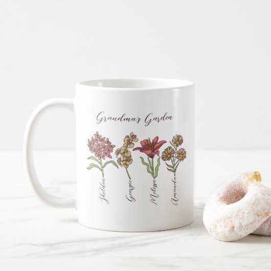 Oma's Garden Blume 4 Grandkids Name Floral Kaffeetasse (Mit Donut)