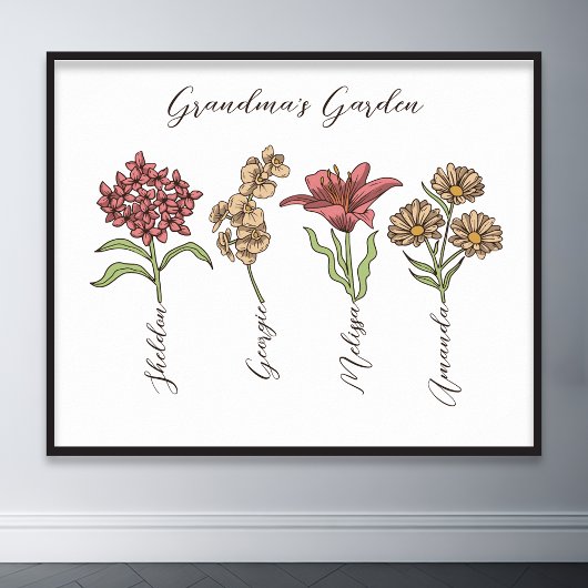 Oma's Garden Blume 4 Grandkids Name Floral Poster