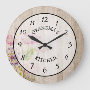 Oma's Kitchen Rustic Floral Wood Clock Große Wanduhr
