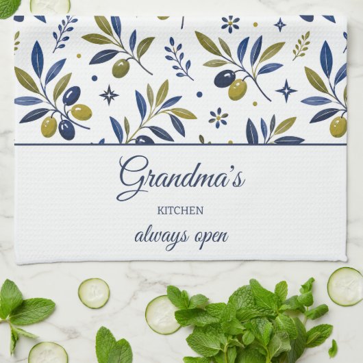 Oma's Küche Immer Offen Olivenzweig-Muster Geschirrtuch (Gefaltet)
