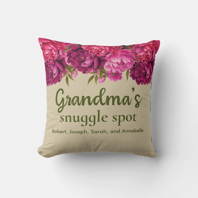Oma's Snuggle Spot Floral mit Namen Kissen (Vorderseite)