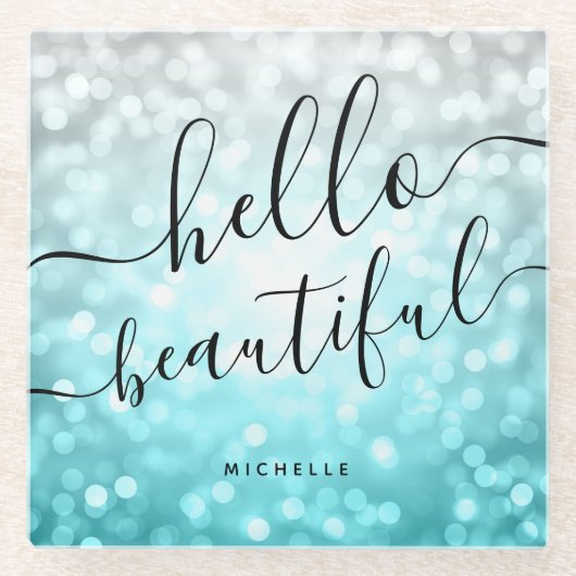 Ombre Aquamarin Silver Lights "Hello Beautiful" Glasuntersetzer (Vorderseite)