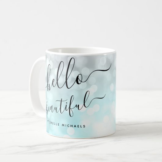 Ombre Aquamarin Silver Lights "Hello Beautiful" Kaffeetasse (Vorderseite Links)
