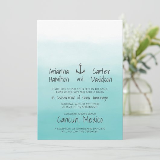 Ombre Beach Destination Ocean Anchor Wedding Einladung (Stehend Vorderseite)