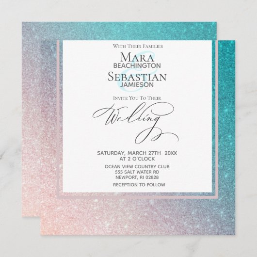 ~* Ombre Beach Glitzer Trendy Elegant AR4 Wedding Einladung (Vorne/Hinten)