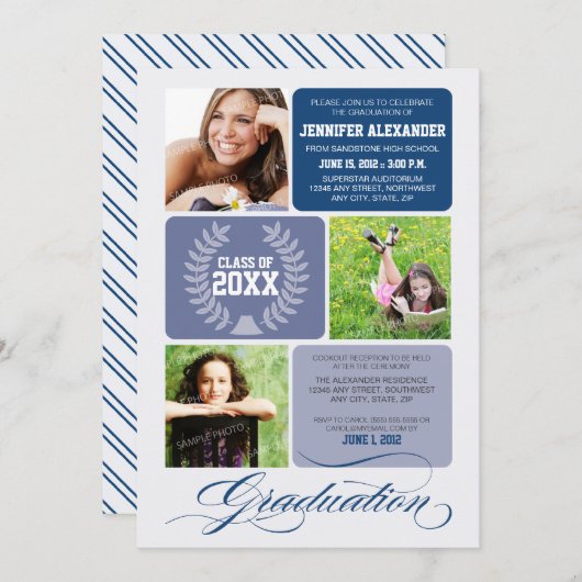 Ombre Blocks Graduation Party Einladung (Marine) (Vorne/Hinten)