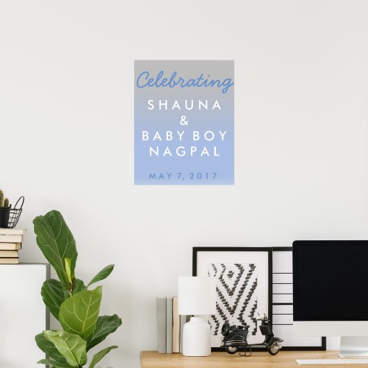 Ombre Blue and Silver Baby Dusche Willkommenspende Poster (Heimbüro)