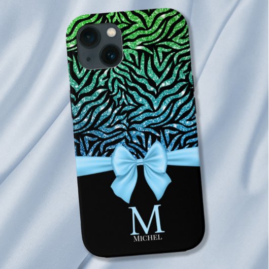 Ombre blue Glitzer Zebra Stripes Bow Monogram Case-Mate iPhone Hülle