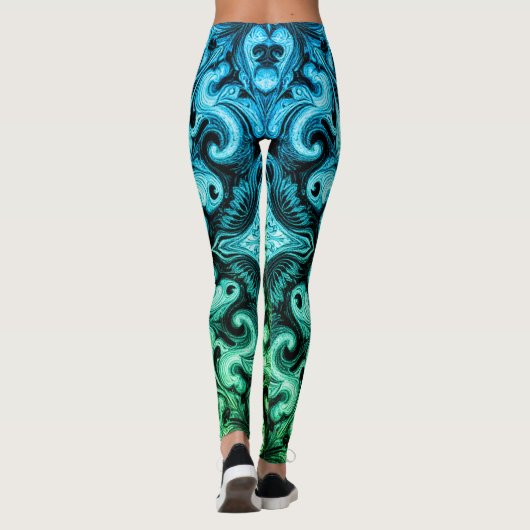 Ombre Blue Green Ornamental Scrollwork Pattern Leggings (Rückseite)