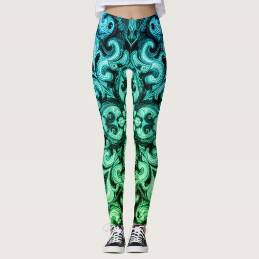 Ombre Blue Green Ornamental Scrollwork Pattern Leggings (Vorderseite)