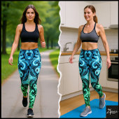 Ombre Blue Green Ornamental Scrollwork Pattern Leggings