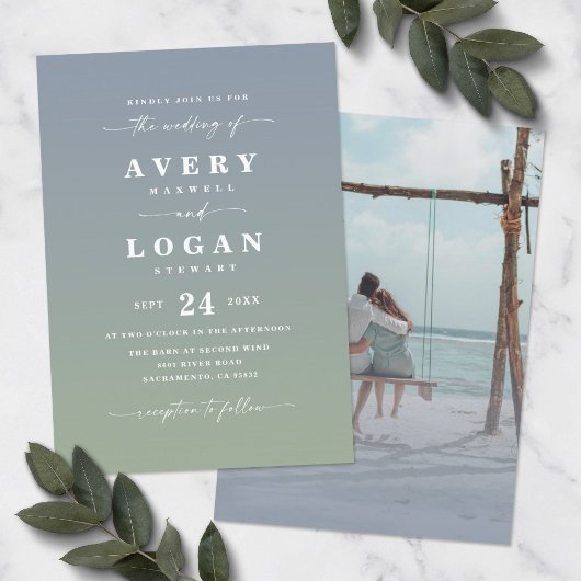 Ombre Blue & Green Wedding Einladung mit Foto