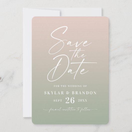 Ombre Blush & Green mit Script Foto Wedding Save The Date (Vorderseite)