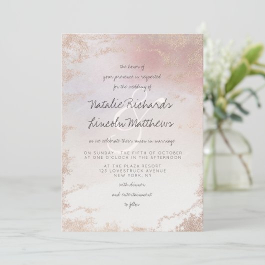 Ombre Blush Pink Mattiert Foil Wasserfarbe Hochzei Einladung (Stehend Vorderseite)