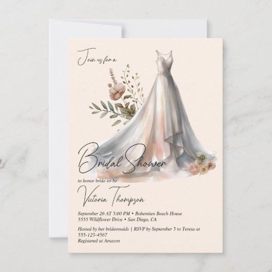 Ombre Boho Wedding Dress blumengeschmücktes Brautp Einladung (Vorderseite)