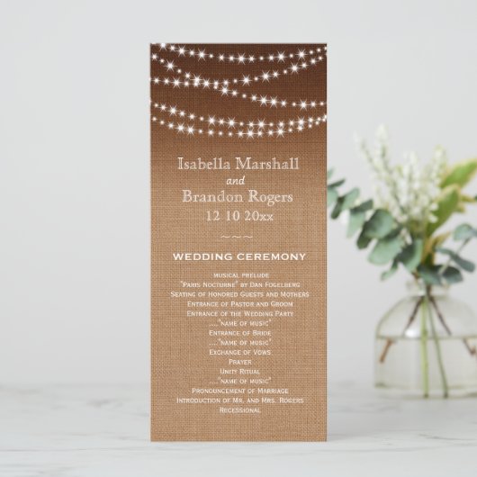 Ombre Burlap Twinkle Lights Wedding Program Programm (Stehend Vorderseite)
