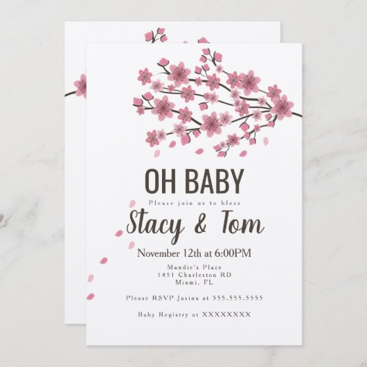 Ombre Cherry Blossom Tree Pink Branch Baby Dusche Einladung (Vorne/Hinten)