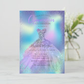 Ombre Dress, Confetti Holographic Quinceañera Einladung (Stehend Vorderseite)
